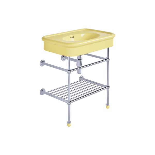 Rockwell 750mm Sherbet Yellow basin on basin stand with shelf. Zero, one or three tap holes