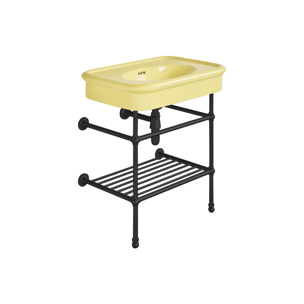 Rockwell 750mm Sherbet Yellow basin on basin stand with shelf. Zero, one or three tap holes