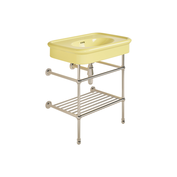 Rockwell 750mm Sherbet Yellow basin on basin stand with shelf. Zero, one or three tap holes