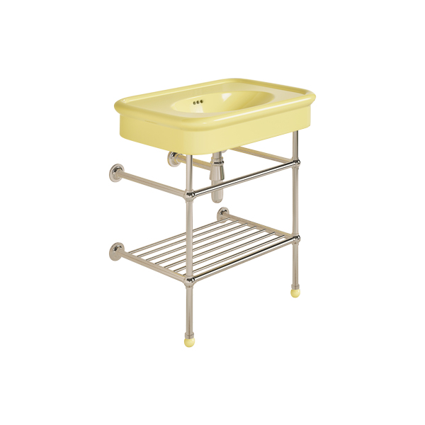 Rockwell 750mm Sherbet Yellow basin on basin stand with shelf. Zero, one or three tap holes