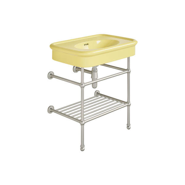 Rockwell 750mm Sherbet Yellow basin on basin stand with shelf. Zero, one or three tap holes