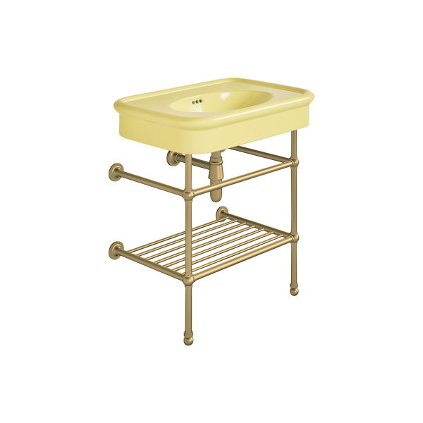 Rockwell 750mm Sherbet Yellow basin on basin stand with shelf. Zero, one or three tap holes