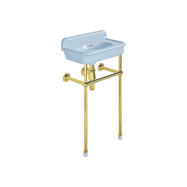 Rockwell Cloakroom Basin 480w x 300d in Powder Blue on basin stand. Zero, one or two tap holes.