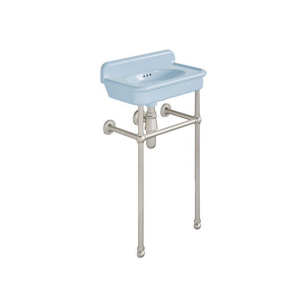 Rockwell Cloakroom Basin 480w x 300d in Powder Blue on basin stand. Zero, one or two tap holes.