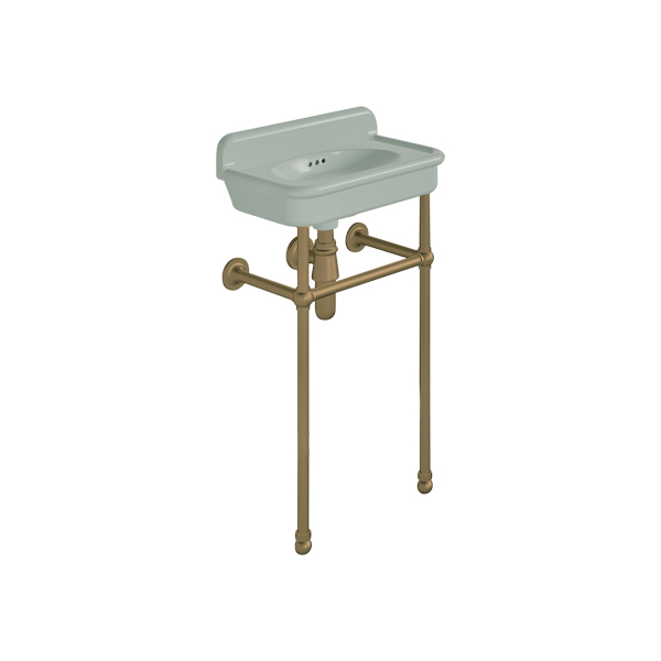 Rockwell Cloakroom Basin 480w x 300d in Willow Green on basin stand. Zero, one or two tap holes.