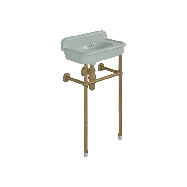 Rockwell Cloakroom Basin 480w x 300d in Willow Green on basin stand. Zero, one or two tap holes.