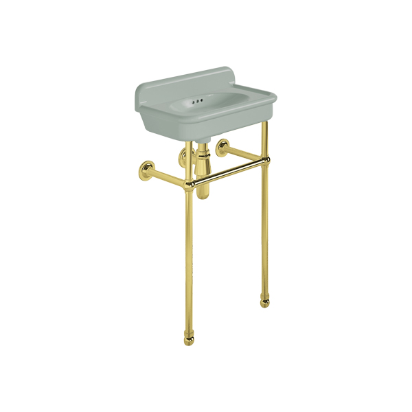 Rockwell Cloakroom Basin 480w x 300d in Willow Green on basin stand. Zero, one or two tap holes.