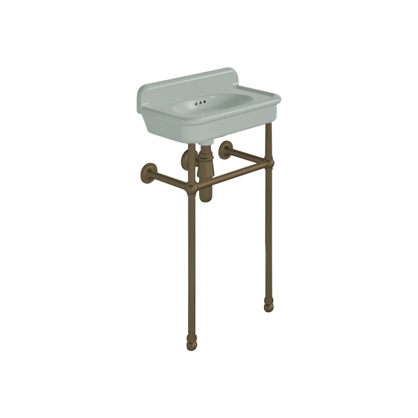 Rockwell Cloakroom Basin 480w x 300d in Willow Green on basin stand. Zero, one or two tap holes.