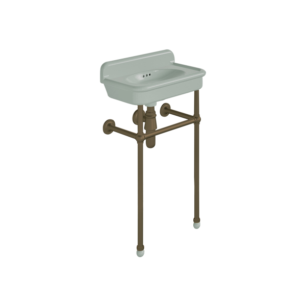 Rockwell Cloakroom Basin 480w x 300d in Willow Green on basin stand. Zero, one or two tap holes.