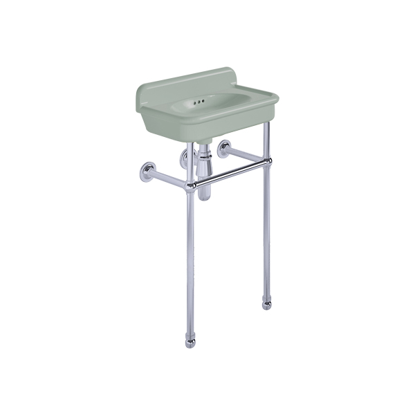 Rockwell Cloakroom Basin 480w x 300d in Willow Green on basin stand. Zero, one or two tap holes.