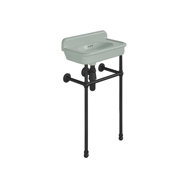 Rockwell Cloakroom Basin 480w x 300d in Willow Green on basin stand. Zero, one or two tap holes.