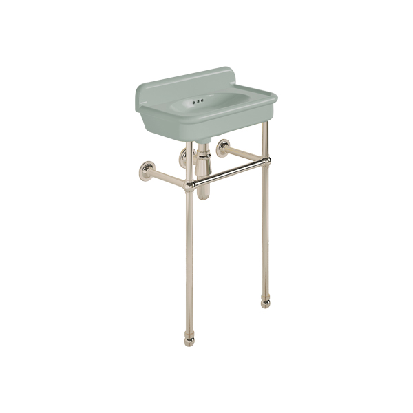 Rockwell Cloakroom Basin 480w x 300d in Willow Green on basin stand. Zero, one or two tap holes.