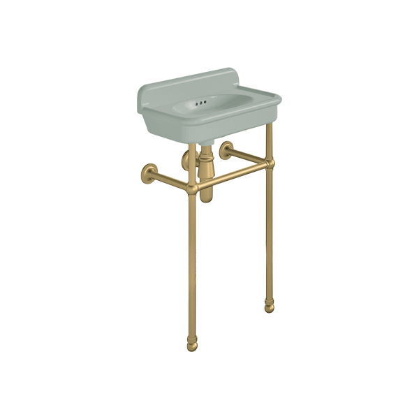 Rockwell Cloakroom Basin 480w x 300d in Willow Green on basin stand. Zero, one or two tap holes.