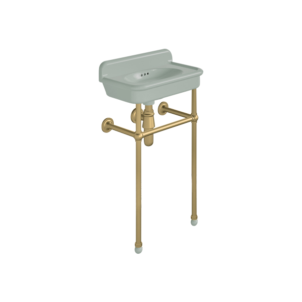 Rockwell Cloakroom Basin 480w x 300d in Willow Green on basin stand. Zero, one or two tap holes.