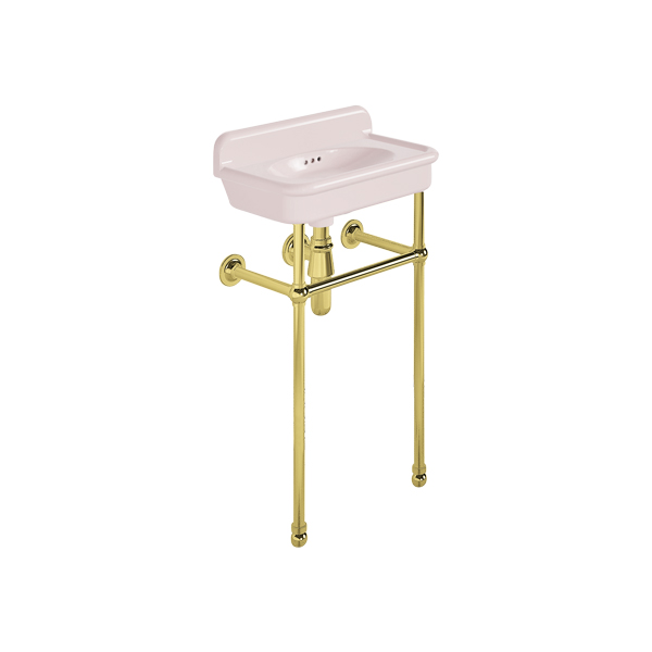 Rockwell Cloakroom Basin 480w x 300d in Pale Pink on basin stand. Zero, one or two tap holes.