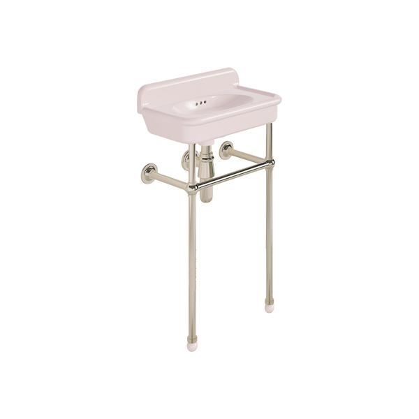 Rockwell Cloakroom Basin 480w x 300d in Pale Pink on basin stand. Zero, one or two tap holes.