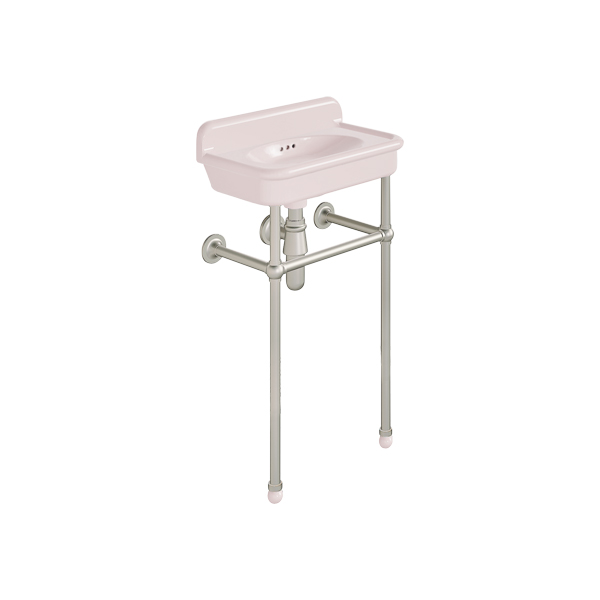 Rockwell Cloakroom Basin 480w x 300d in Pale Pink on basin stand. Zero, one or two tap holes.