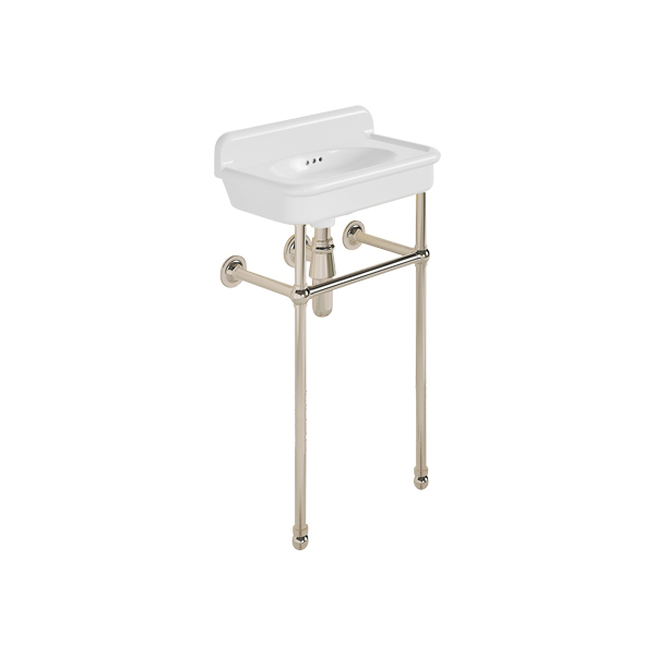 Rockwell Cloakroom Basin 480w x 300d in Snowdrop White on basin stand. Zero, one or two tap holes.