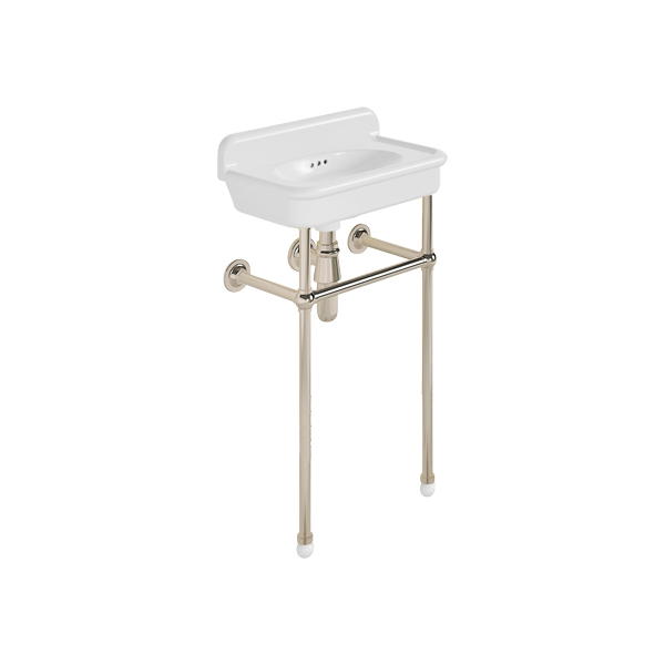 Rockwell Cloakroom Basin 480w x 300d in Snowdrop White on basin stand. Zero, one or two tap holes.