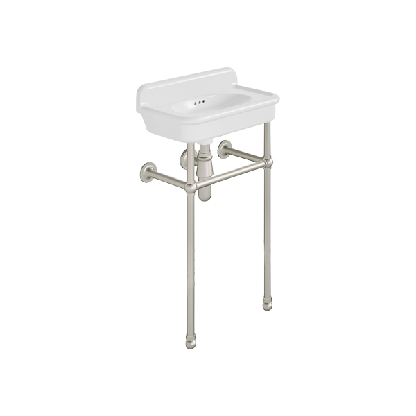 Rockwell Cloakroom Basin 480w x 300d in Snowdrop White on basin stand. Zero, one or two tap holes.
