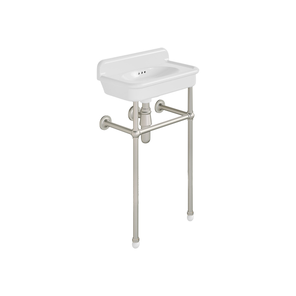 Rockwell Cloakroom Basin 480w x 300d in Snowdrop White on basin stand. Zero, one or two tap holes.