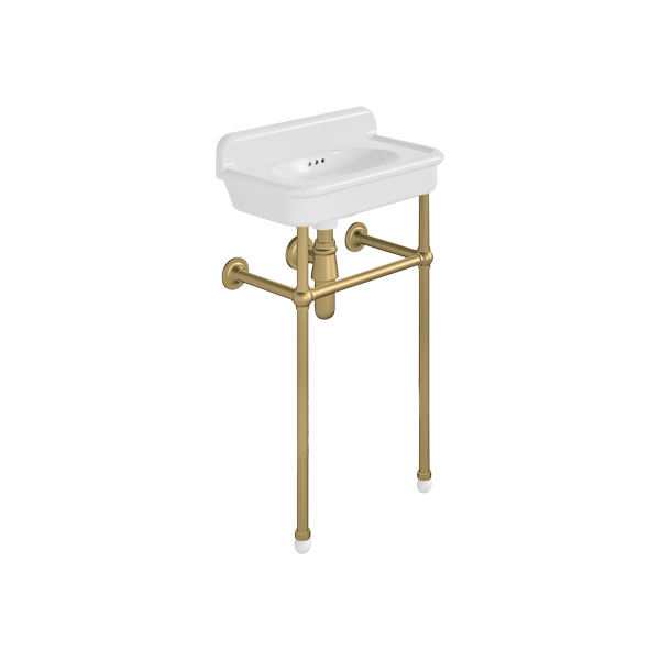 Rockwell Cloakroom Basin 480w x 300d in Snowdrop White on basin stand. Zero, one or two tap holes.
