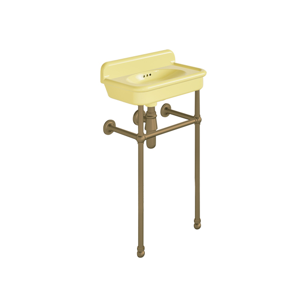 Rockwell Cloakroom Basin 480w x 300d in Sherbet Yellow on basin stand. Zero, one or two tap holes.