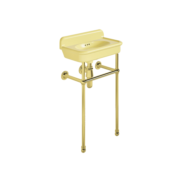 Rockwell Cloakroom Basin 480w x 300d in Sherbet Yellow on basin stand. Zero, one or two tap holes.