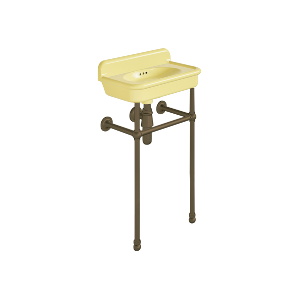 Rockwell Cloakroom Basin 480w x 300d in Sherbet Yellow on basin stand. Zero, one or two tap holes.