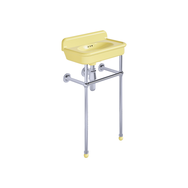 Rockwell Cloakroom Basin 480w x 300d in Sherbet Yellow on basin stand. Zero, one or two tap holes.