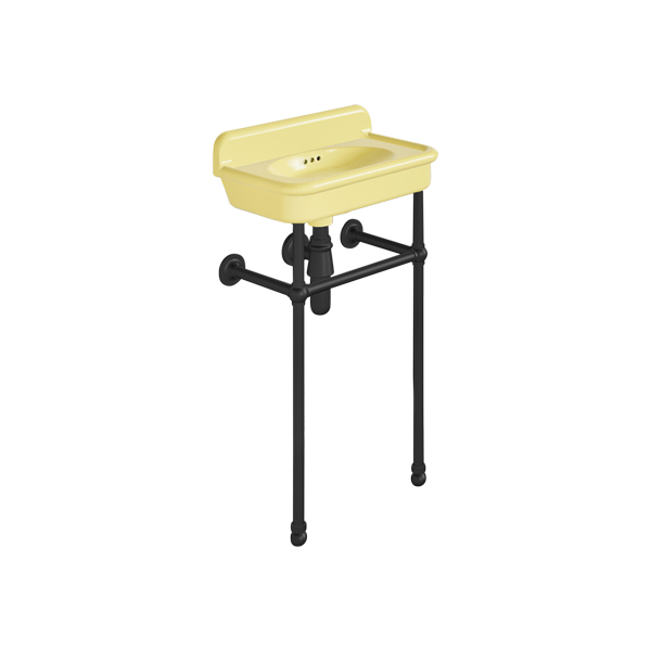 Rockwell Cloakroom Basin 480w x 300d in Sherbet Yellow on basin stand. Zero, one or two tap holes.