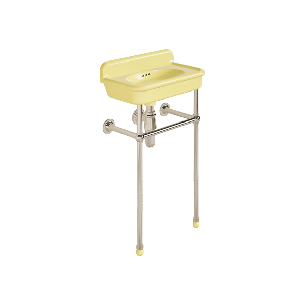 Rockwell Cloakroom Basin 480w x 300d in Sherbet Yellow on basin stand. Zero, one or two tap holes.