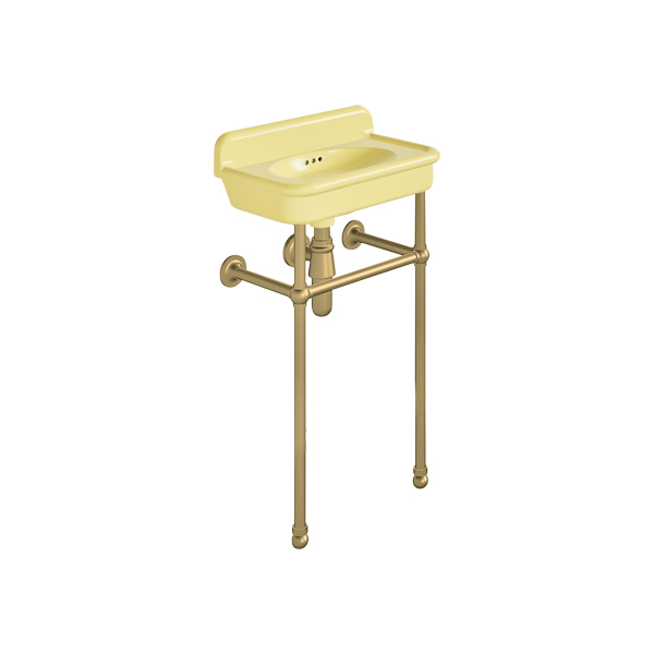 Rockwell Cloakroom Basin 480w x 300d in Sherbet Yellow on basin stand. Zero, one or two tap holes.
