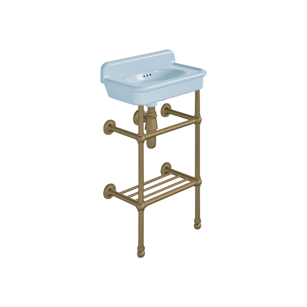 Rockwell Cloakroom Basin 480w x 300d in Powder Blue on basin stand with shelf. Zero, one or two tap holes.