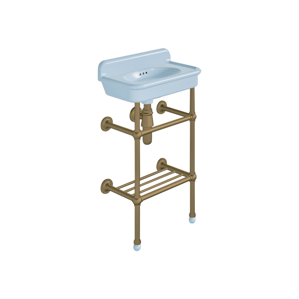 Rockwell Cloakroom Basin 480w x 300d in Powder Blue on basin stand with shelf. Zero, one or two tap holes.