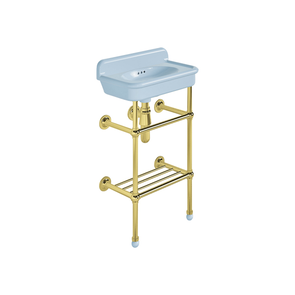 Rockwell Cloakroom Basin 480w x 300d in Powder Blue on basin stand with shelf. Zero, one or two tap holes.
