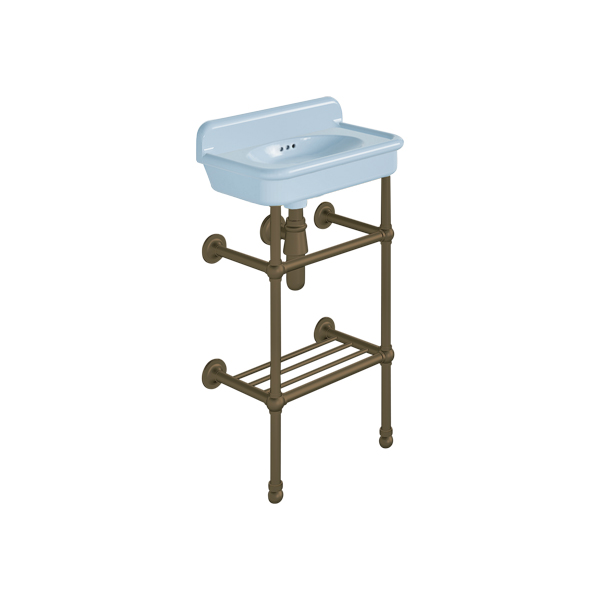 Rockwell Cloakroom Basin 480w x 300d in Powder Blue on basin stand with shelf. Zero, one or two tap holes.