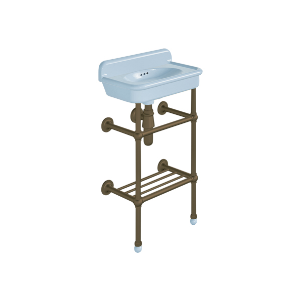 Rockwell Cloakroom Basin 480w x 300d in Powder Blue on basin stand with shelf. Zero, one or two tap holes.