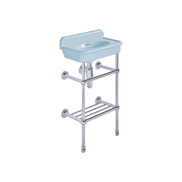 Rockwell Cloakroom Basin 480w x 300d in Powder Blue on basin stand with shelf. Zero, one or two tap holes.