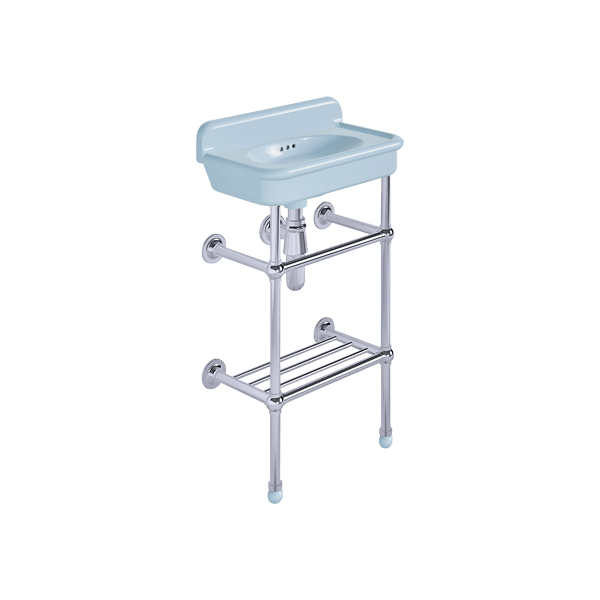 Rockwell Cloakroom Basin 480w x 300d in Powder Blue on basin stand with shelf. Zero, one or two tap holes.