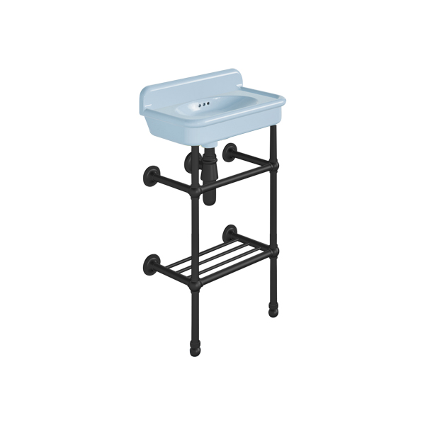 Rockwell Cloakroom Basin 480w x 300d in Powder Blue on basin stand with shelf. Zero, one or two tap holes.