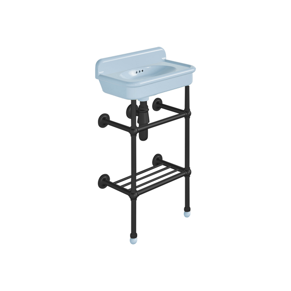 Rockwell Cloakroom Basin 480w x 300d in Powder Blue on basin stand with shelf. Zero, one or two tap holes.