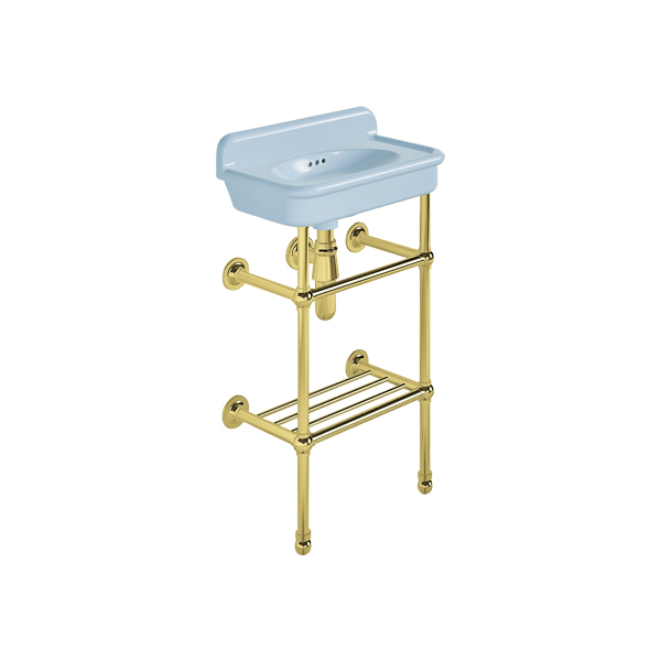 Rockwell Cloakroom Basin 480w x 300d in Powder Blue on basin stand with shelf. Zero, one or two tap holes.