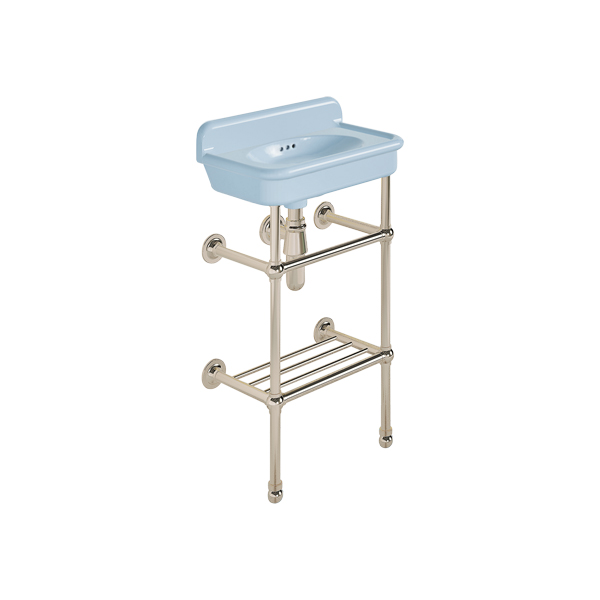 Rockwell Cloakroom Basin 480w x 300d in Powder Blue on basin stand with shelf. Zero, one or two tap holes.