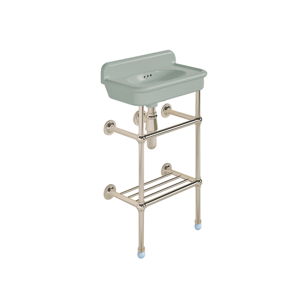 Rockwell Cloakroom Basin 480w x 300d in Powder Blue on basin stand with shelf. Zero, one or two tap holes.