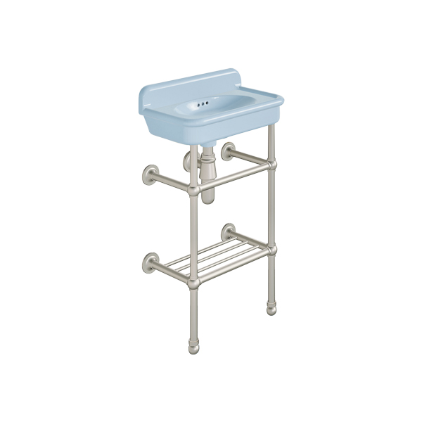 Rockwell Cloakroom Basin 480w x 300d in Powder Blue on basin stand with shelf. Zero, one or two tap holes.