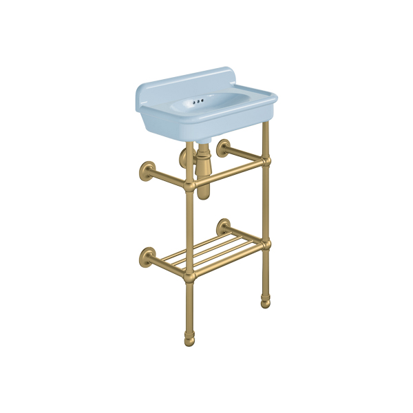 Rockwell Cloakroom Basin 480w x 300d in Powder Blue on basin stand with shelf. Zero, one or two tap holes.