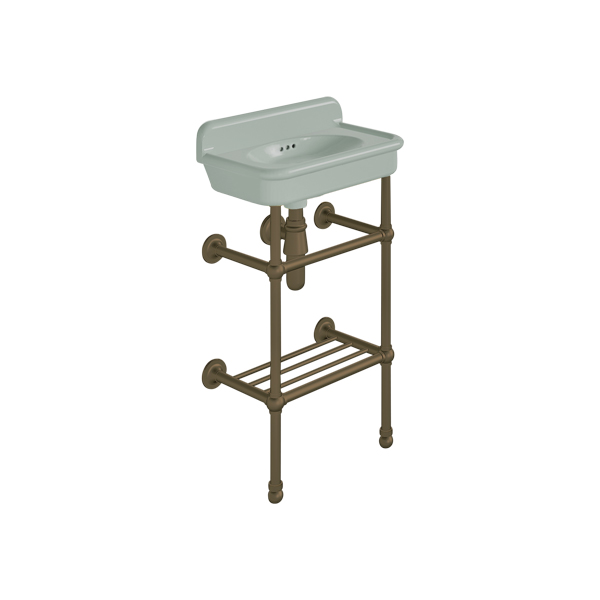 Rockwell Cloakroom Basin 480w x 300d in Willow Green on basin stand with shelf. Zero, one or two tap holes.