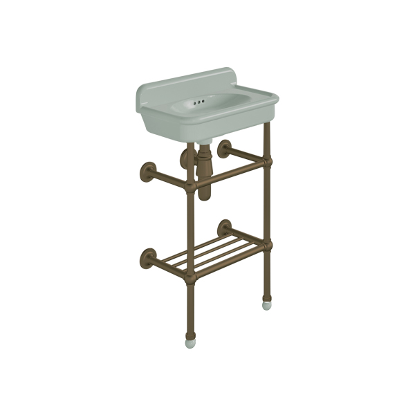 Rockwell Cloakroom Basin 480w x 300d in Willow Green on basin stand with shelf. Zero, one or two tap holes.
