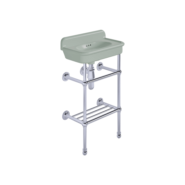 Rockwell Cloakroom Basin 480w x 300d in Willow Green on basin stand with shelf. Zero, one or two tap holes.